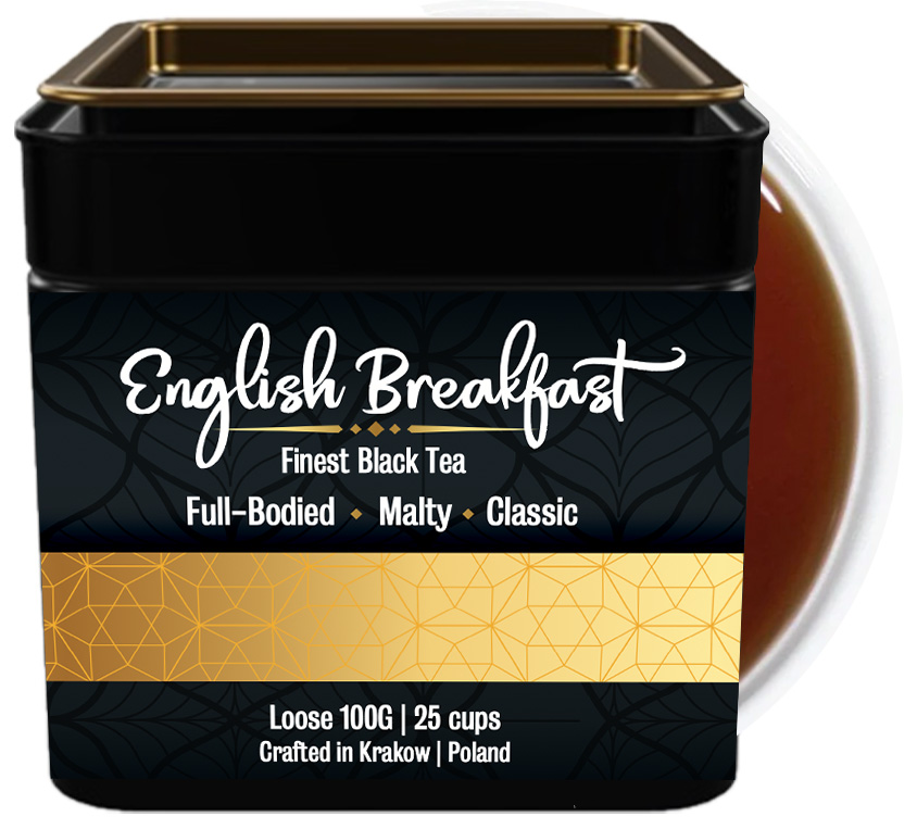 Ciesz się wyjątkową herbatą English Breakfast marki Leo Tea, zapakowaną w ekskluzywną metalową puszkę w kolorze czarnym ze złotymi zdobieniami. To połączenie najwyższej jakości liściastej herbaty z klasycznym designem, który podkreśla jej wyrafinowany charakter.

Wygląd i Opakowanie
Herbata znajduje się w stylowej puszce o pojemności 100 gram, idealnej do przechowywania, aby zachować świeżość i aromat. Czarny kolor puszki w połączeniu ze złotymi detalami nadaje jej elegancki i luksusowy wygląd, dzięki czemu świetnie sprawdzi się również jako prezent dla miłośników herbaty.

Aromat i Smak
English Breakfast Leo Tea to mieszanka najwyższej jakości herbat pochodzących z Chin, Kenii i Sri Lanki. Jej aromat jest intensywny, z wyraźnymi nutami słodu, miodu i lekką cytrusową świeżością. Po zaparzeniu uwalnia głęboki, bogaty smak z delikatną goryczką i długim, przyjemnym finiszem.